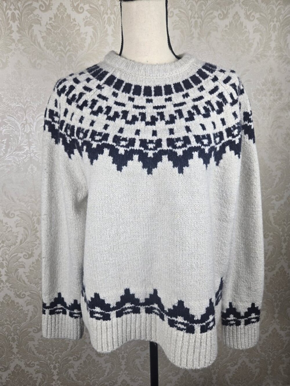 Haven Well Within Sz Large Juneau Crewneck Nordic Fair Isle Sweater Cream Black